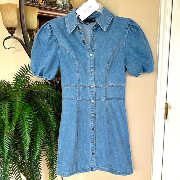 Brand New The Fifth Label Denim Jean Dress Puff Sleeve Button Front Blue Mini - Picture 3 of 16